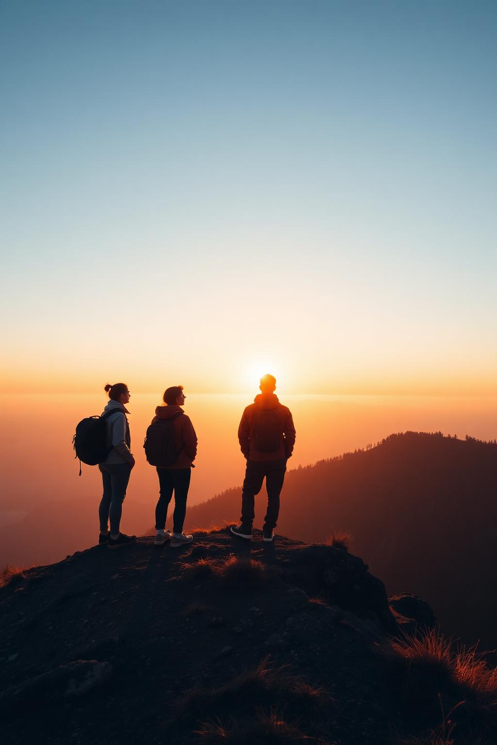 Friends on a mountain at sunrise
